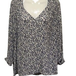 Cynthia Rowley womens top Sz L blue cream ditsy floral smock shoulders and cuffs